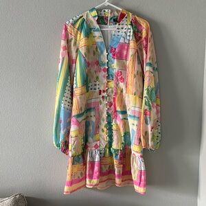 Beulah Pastel Patchwork Mini Dress in Pink, Yellow, Blue, Green